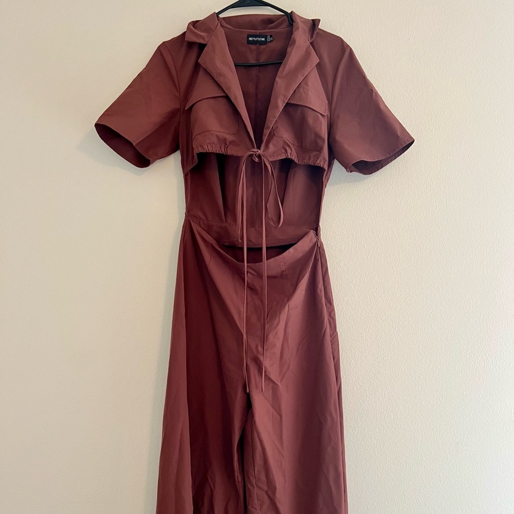 Chocolate short sleeve tie waist jumpsuit - Picture 7 of 9